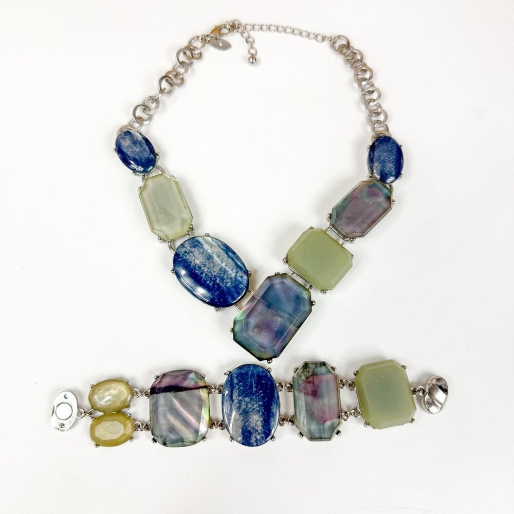 Chicos Silver Tone XL Resin Blue Green Cabochons Statement Necklace & Bracelet